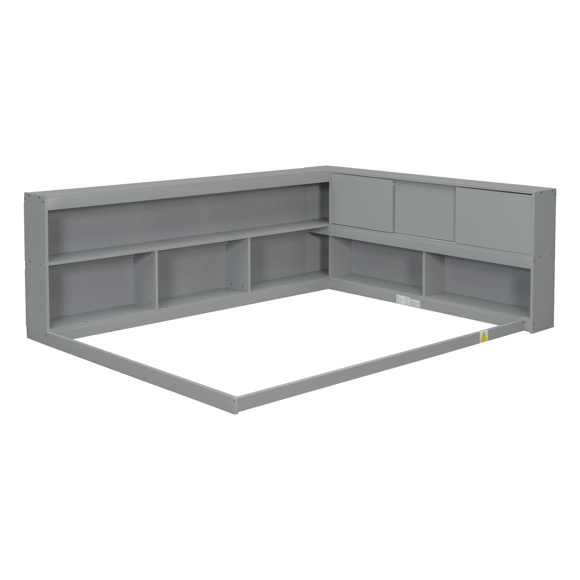 Full Size Floor Bed with Lshaped Bookcases, Wooden Storage Floor Bed