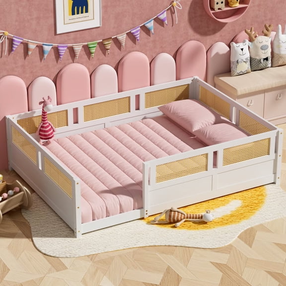 Full Size Floor Bed with PE Rattan High Fence, Wood Montessori Bed Frame with Slats for Children Girls Boys, White