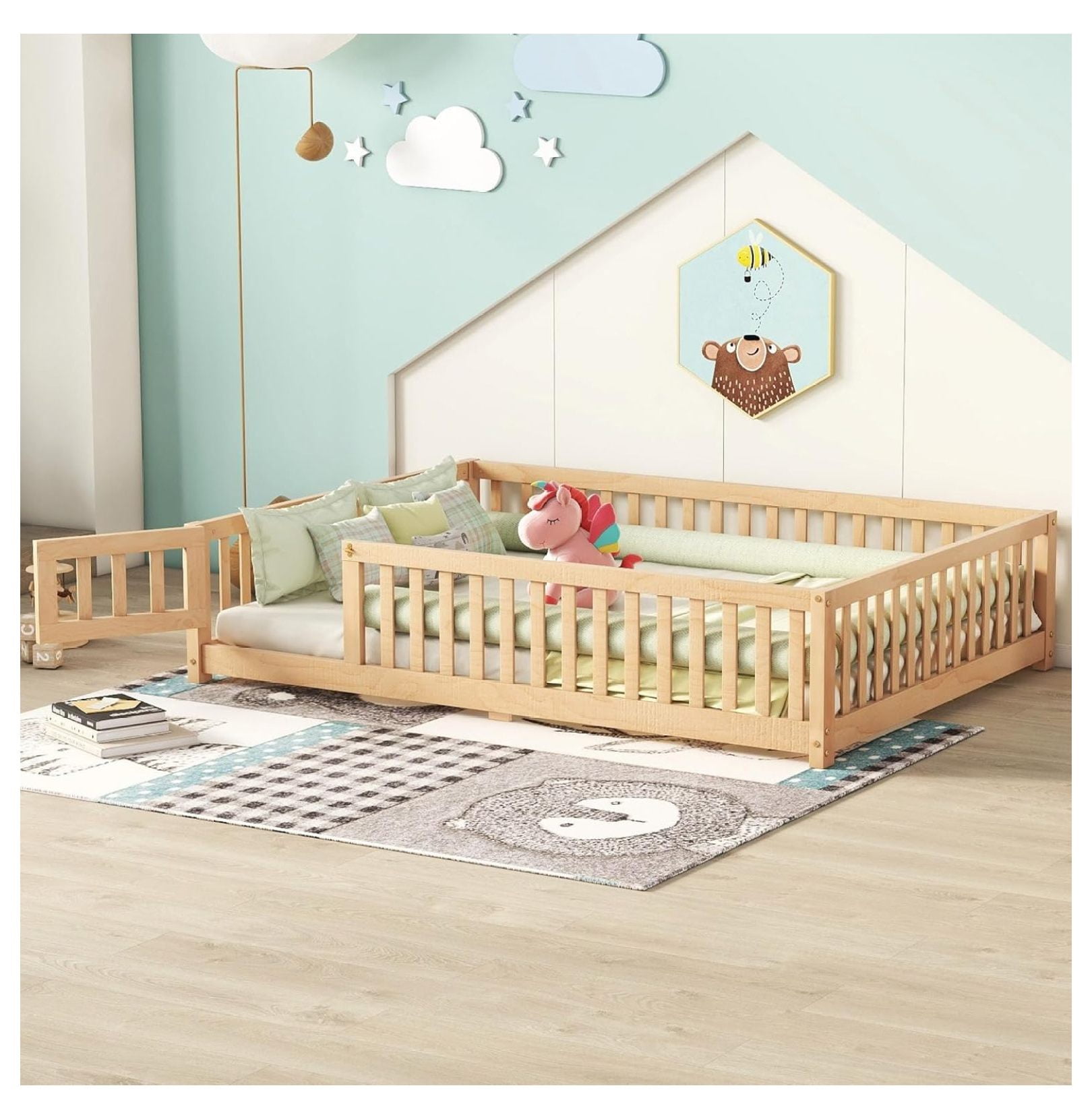 Full Size Floor Bed with Rails, Wood Montessori Floor Bed Full with