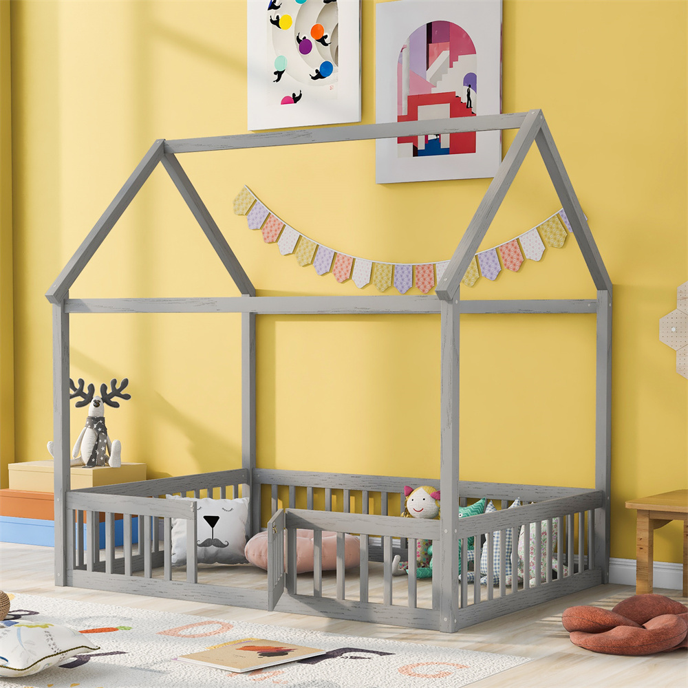 Full Size Floor Bed with Roof, Wooden Montessori Bed with Safety Fence