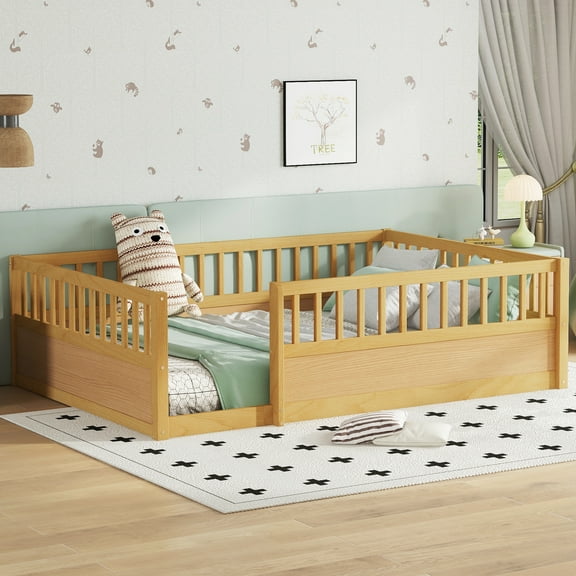 Full Size Floor Bed with Safety Fence, Low-Profile Wood Bed Frame, Montessori Style Platform Bed with Guardrails, Natural Wooden Floor Bed