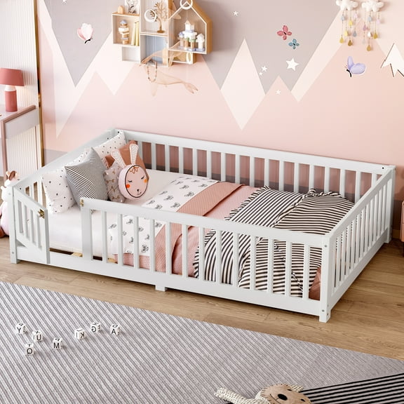 Full-Size Floor Bed with Safety Guards, Low Wooden Frame, Removable Door, White Pine Montessori Style Floor Bed