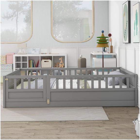 Full Size Floor Bed with Safety Rails & Space Saving Door, Low Profile Grey Wood Platform