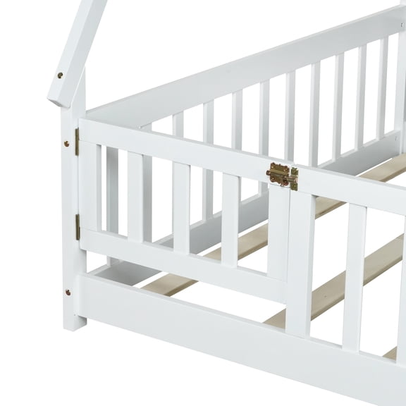 Full Size Floor Bed with Tent Canopy, Guardrails and Door, Solid Rubber Wood Frame with Slats, White