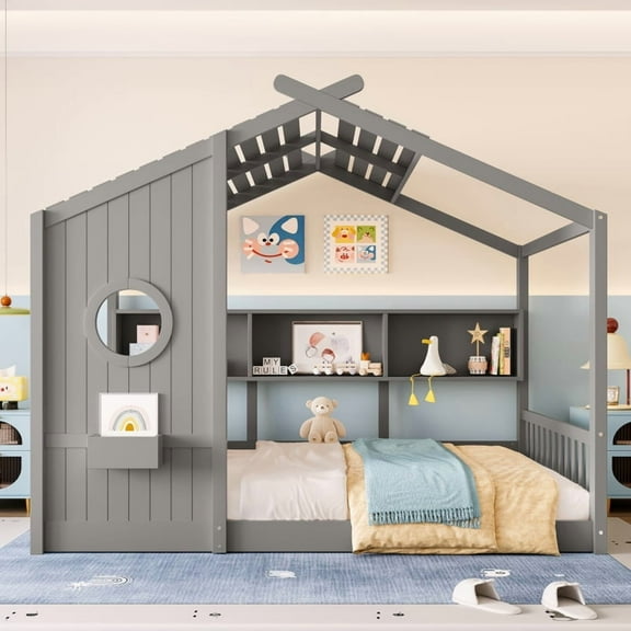 [Luckynote]Full Size Floor House Bed, Montessori Bed with Storage Shelf, Playhouse Bed with Roof Design, Gray