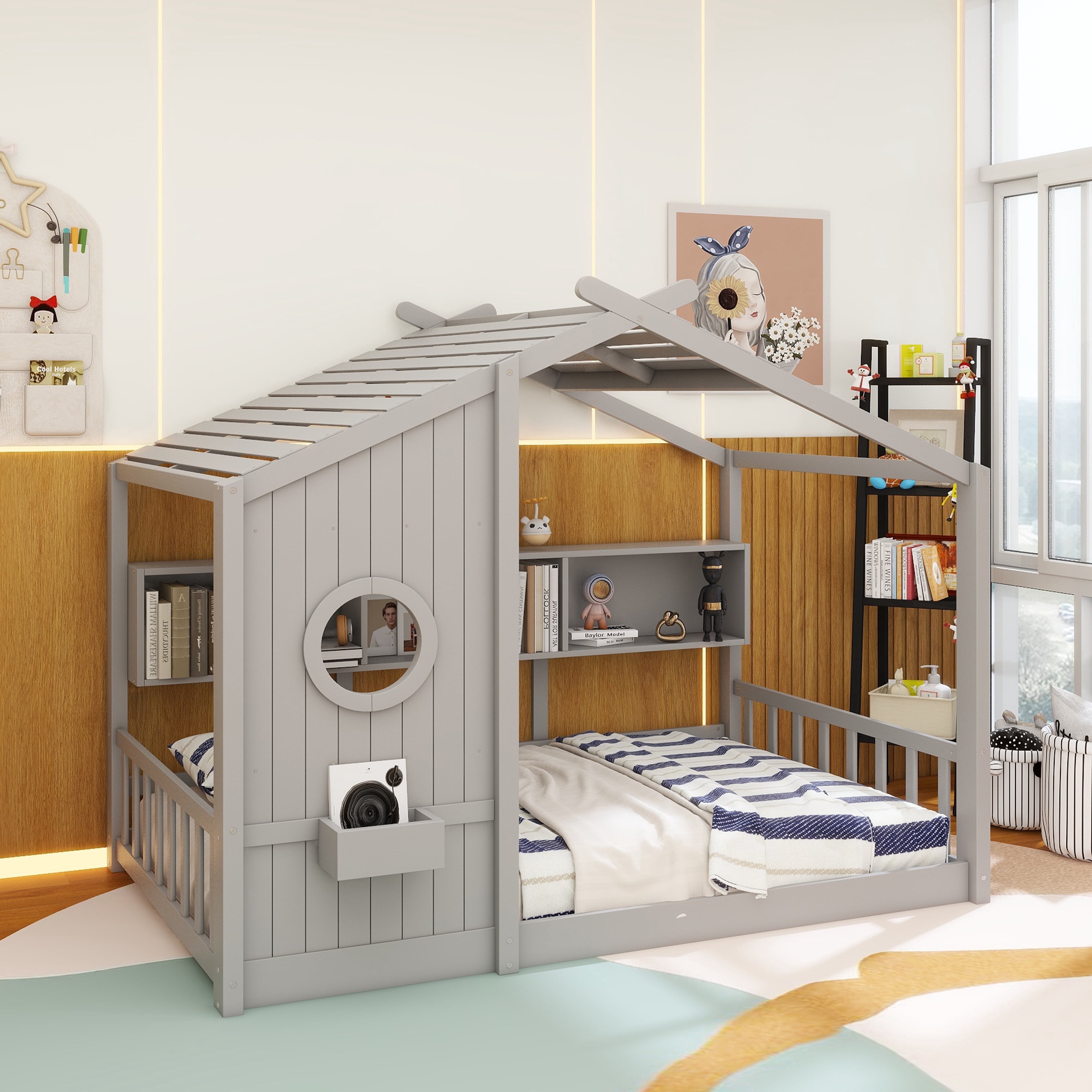 Full Size Floor House Bed for Toddler, Kids Montessori Bed with Storage Shelf, Playhouse Bed with Roof Design, Gray