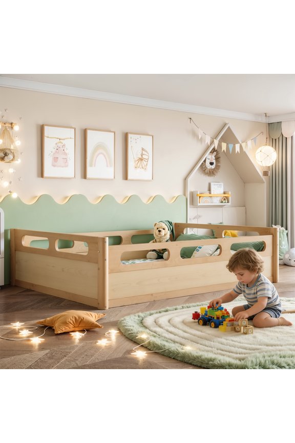 Full Size Floor Platform Bed with Full-Length Guardrails, Low Profile Full Bed Frame, No Box Spring Needed, Natural