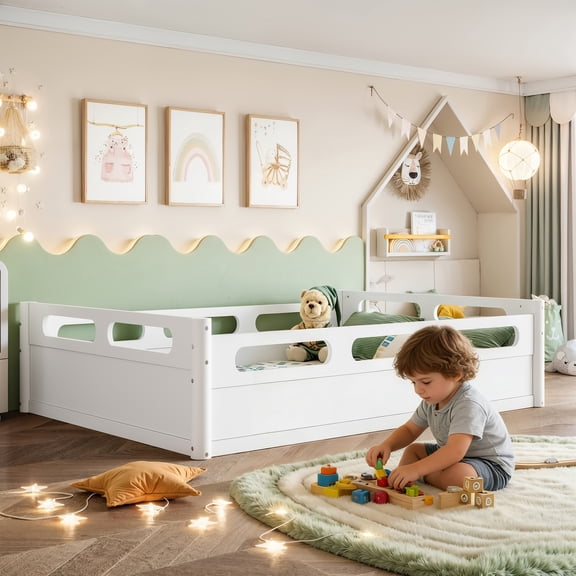 Full Size Floor Platform Bed with Full-Length Guardrails, Low Profile Full Bed Frame, No Box Spring Needed, White
