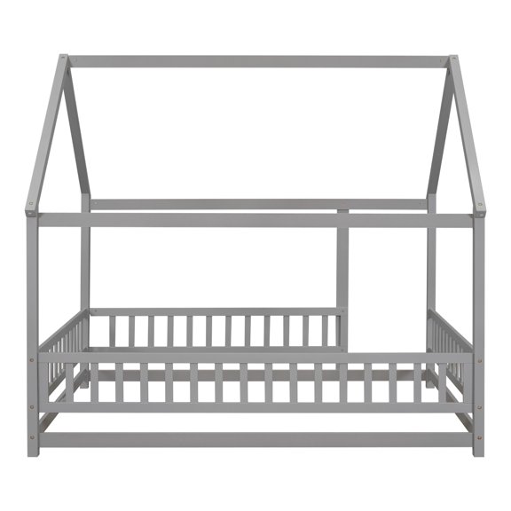 Full Size Floor Wooden Bed with House Roof Frame, Fence Guardrails ,Grey(Old SKU:W50471474)