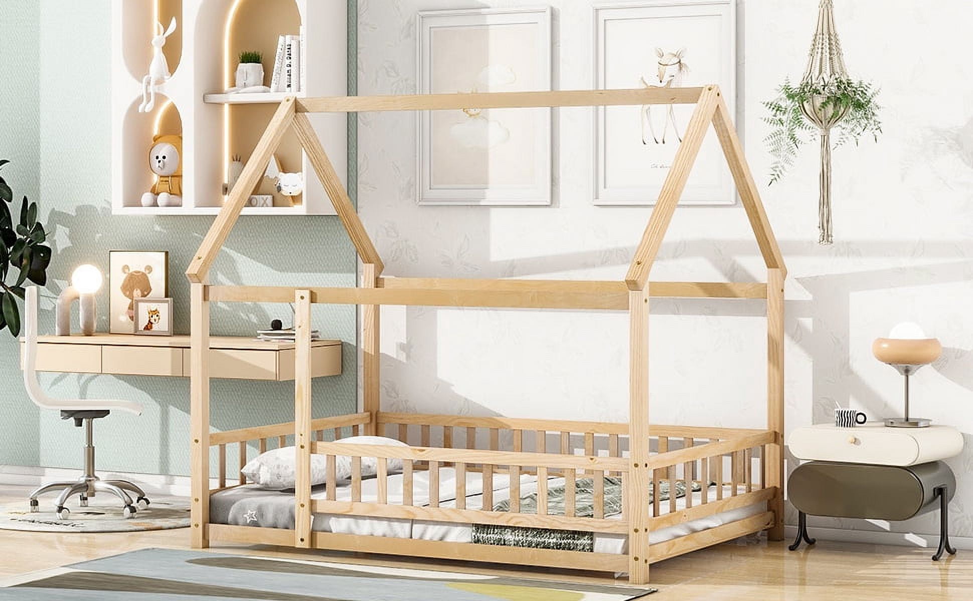 Full Size Floor Wooden Bed with House Roof Frame, House Shape Platform ...