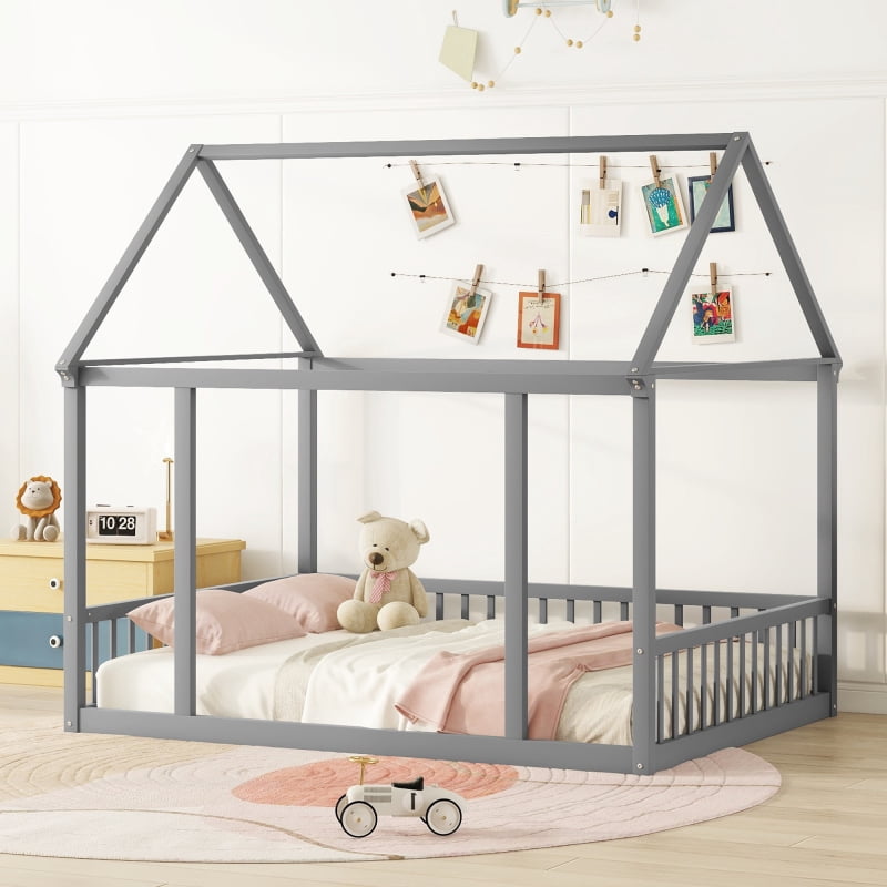 Full Size Wooden Bed with House Roof Frame and Guardrails - Pink