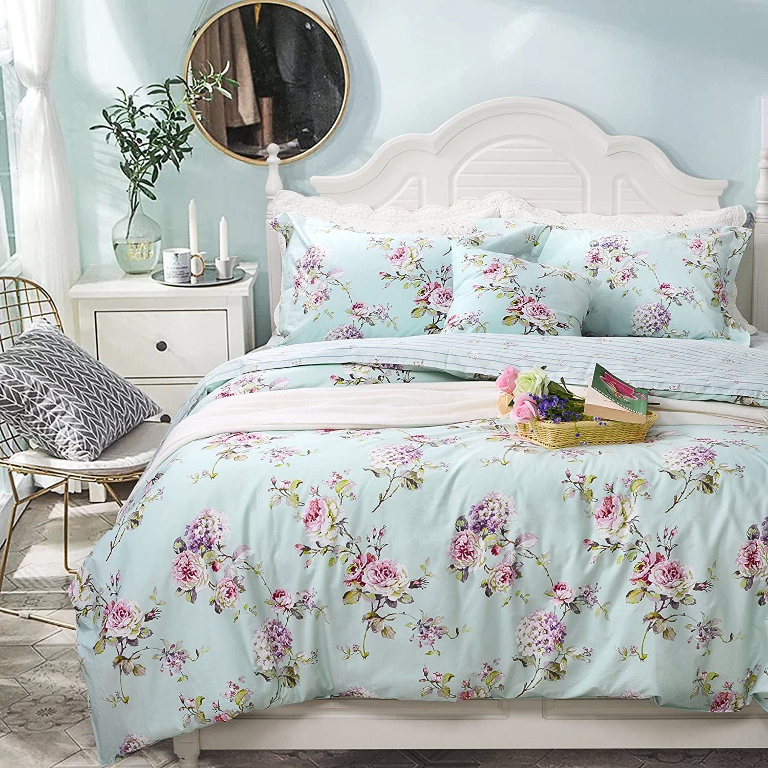 Lanpei 3-Pieces Blue Hydrangea Flower Duvet Bedding Set, Full Size, French Country Duvet Cover Set Cotton Farmhouse Bedding Flower and Rose Floral Comforter Cover