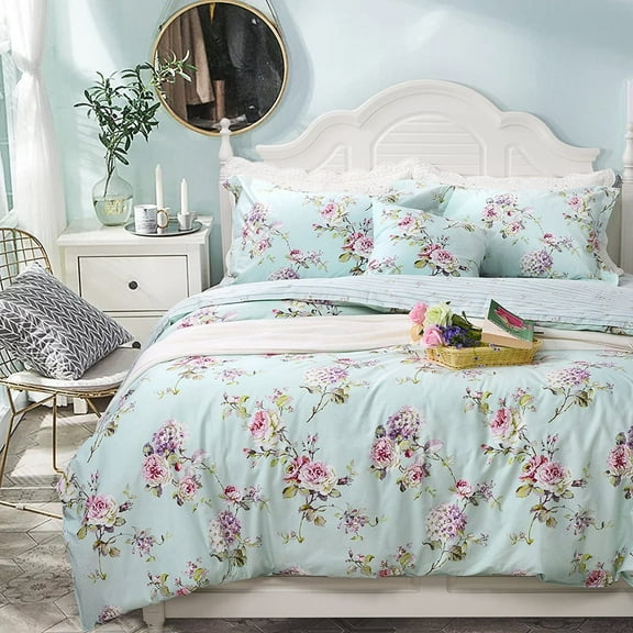 Lanpei 3-Pieces Blue Hydrangea Flower Duvet Bedding Set, Full Size, French Country Duvet Cover Set Cotton Farmhouse Bedding Flower and Rose Floral Comforter Cover