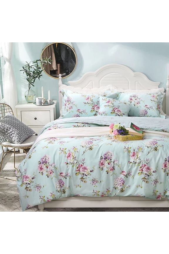 3-Pieces Blue Hydrangea Flower Duvet Bedding Set, Full Size, French Country Duvet Cover Set Cotton Farmhouse Bedding Flower and Rose Floral Comforter Cover