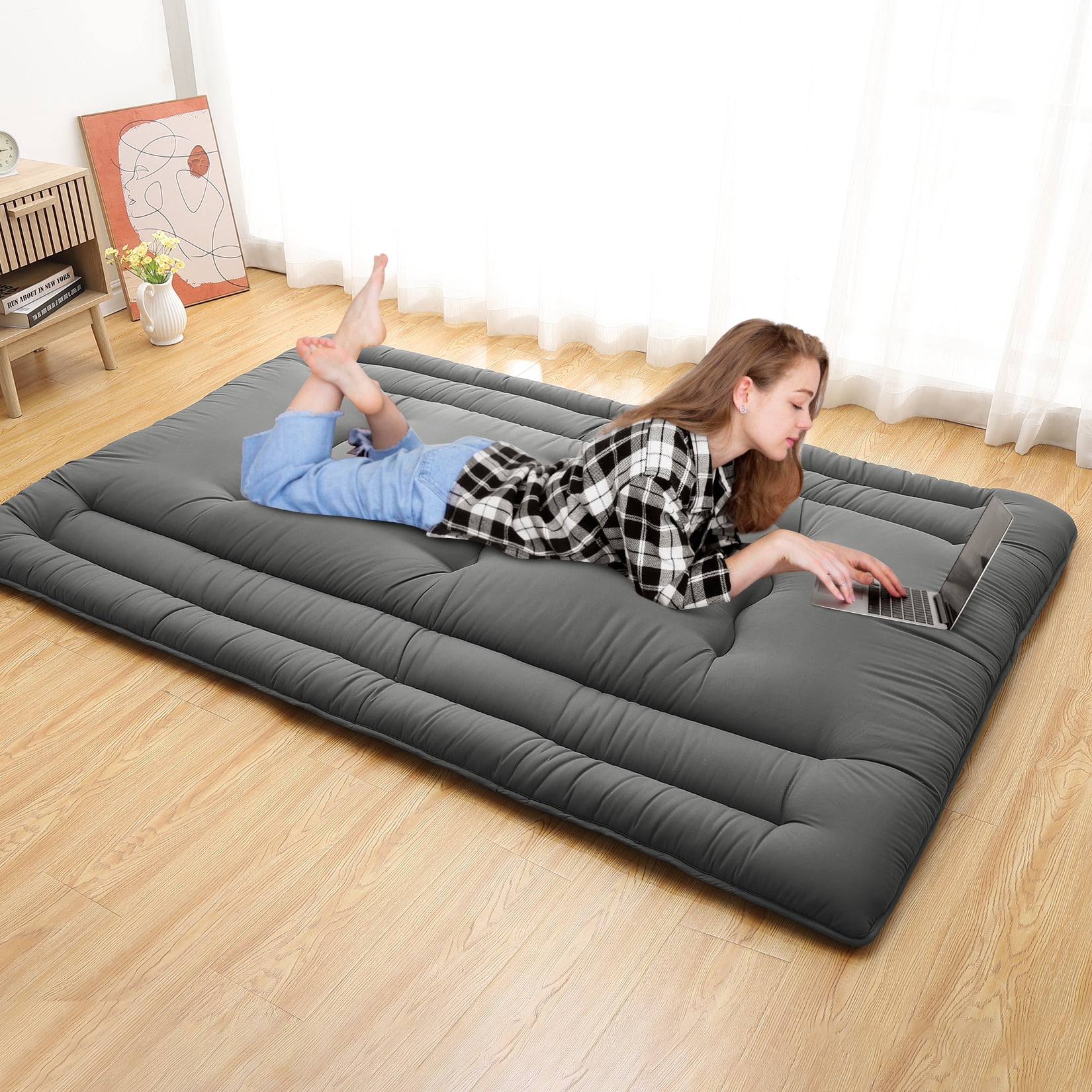 Full Size Foldable Floor Mattress, Japanese-Style Roll-Up Foam Sleeping Mat, Space-Saving Tatami Floor Bed for Living Room or Bedroom, Dark Gray