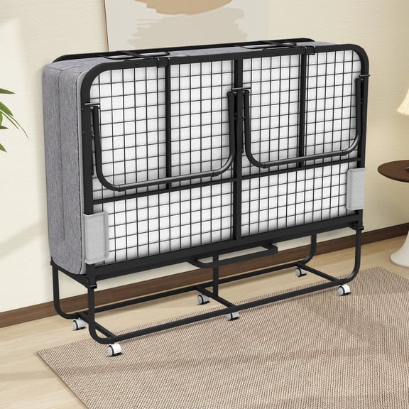 Full Size Folded Bed with Mattress, 75" x 54" Folding Bed, Extra Large Rollaway Bed Guest Bed with Wheels for Guest/Hotel
