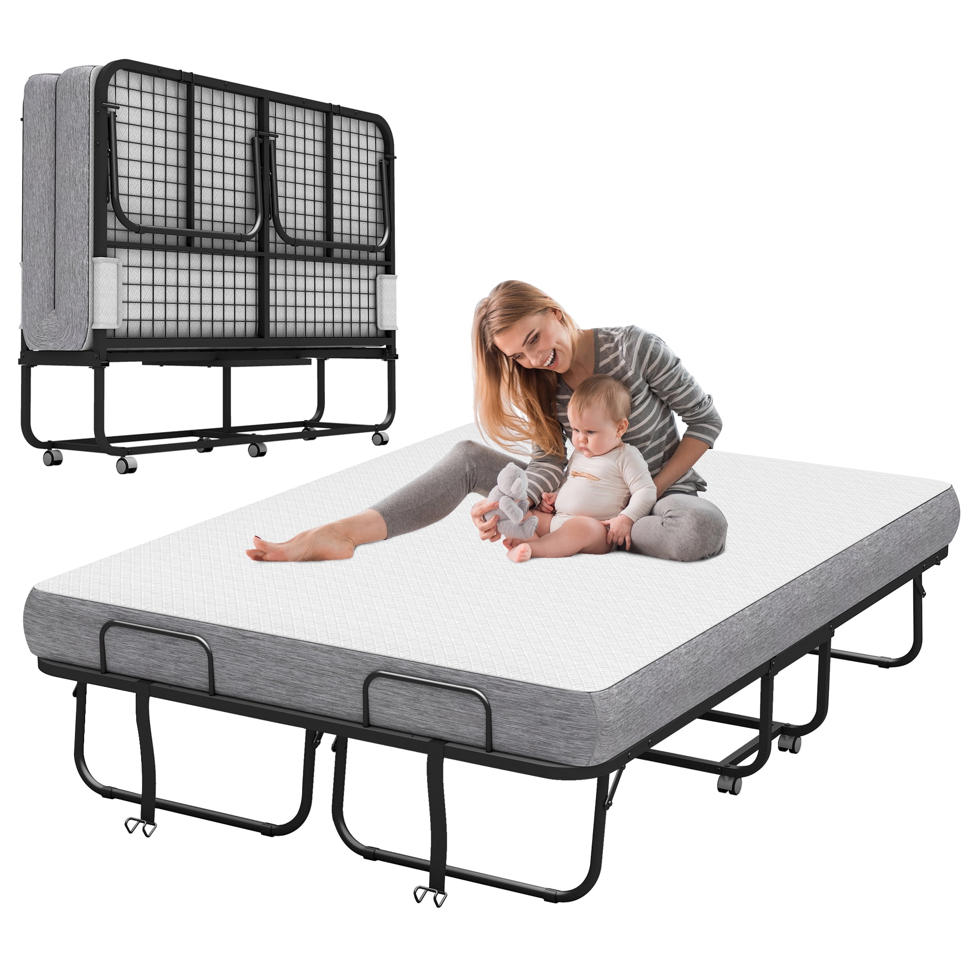 Full Size Folded Bed with Mattress, 75" x 54" Folding Bed for Hospital, Rollaway Bed Guest Bed for Adults with Sturdy Frame