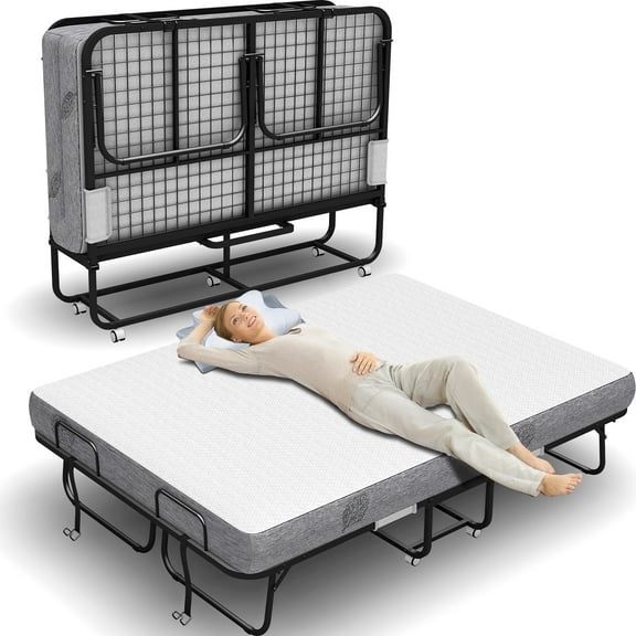 Full Size Folding Bed with Mattress 75" x 54" Extra Large for Adults Rollaway Guest Portable Foldable Fold up Bed with 5" Memory Foam Mattress Space-Saving Sturdy Metal Frame (Grid)