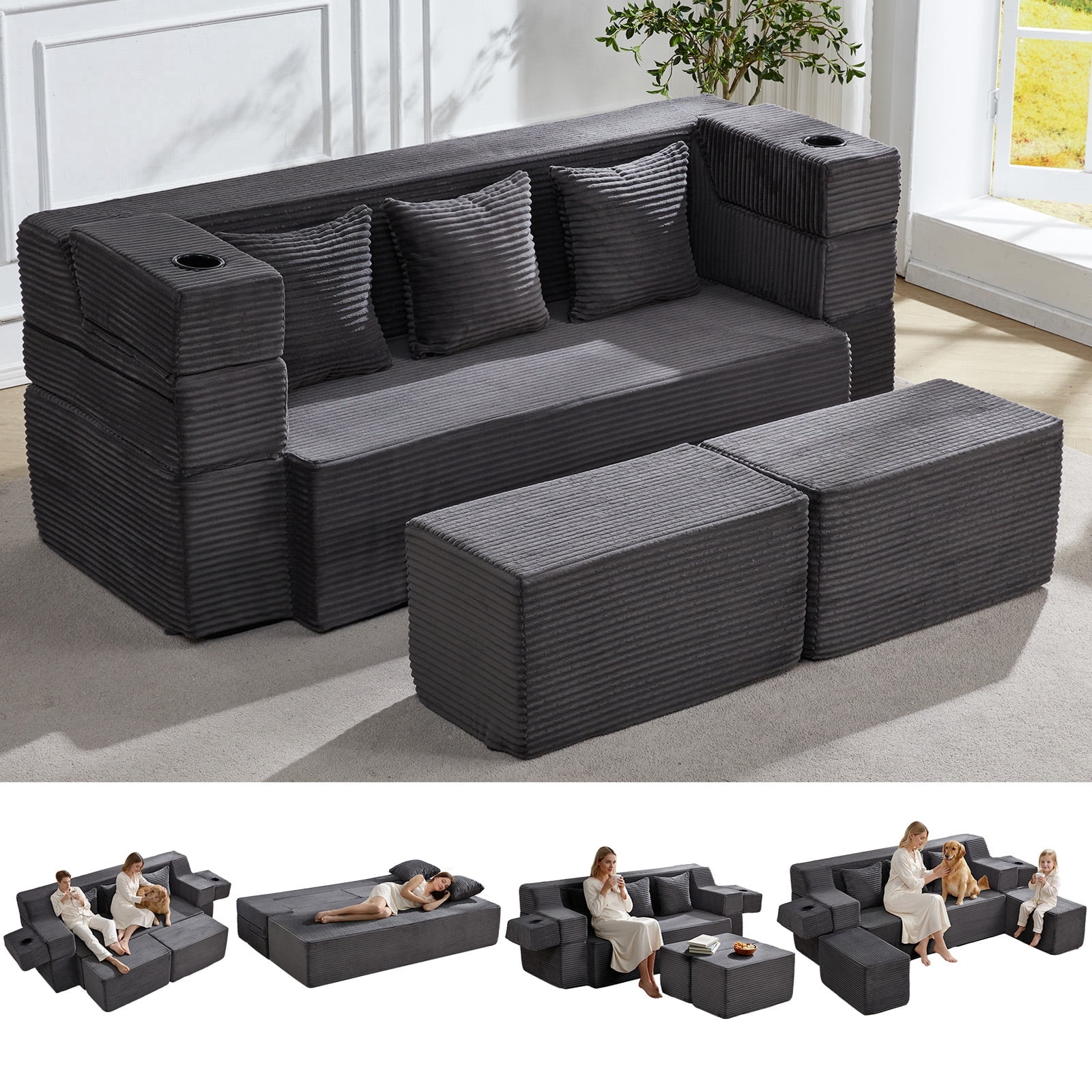 78.7'' Folding Sofa Bed with 2 Ottomans, 3-in-1 Convertible Foam Futon, Flip-Up Armrest with Cup Holder, Oeko-TEX Certified Corduroy, No Assembly Sleeper Couch for Small Space,Dark Grey
