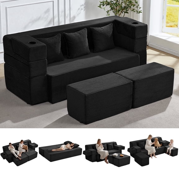 78.7'' Folding Sofa Bed with 2 Ottomans, 3-in-1 Convertible Foam Futon, Flip-Up Armrest with Cup Holder, Oeko-TEX Certified Corduroy, No Assembly Sleeper Couch for Small Space, Black