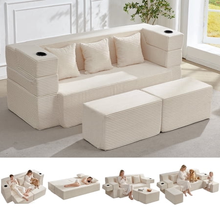 78.7'' Folding Sofa Bed with 2 Ottomans, 3-in-1 Convertible Foam Futon, Flip-Up Armrest with Cup Holder, Oeko-TEX Certified Corduroy, No Assembly Sleeper Couch for Small Space, Beige