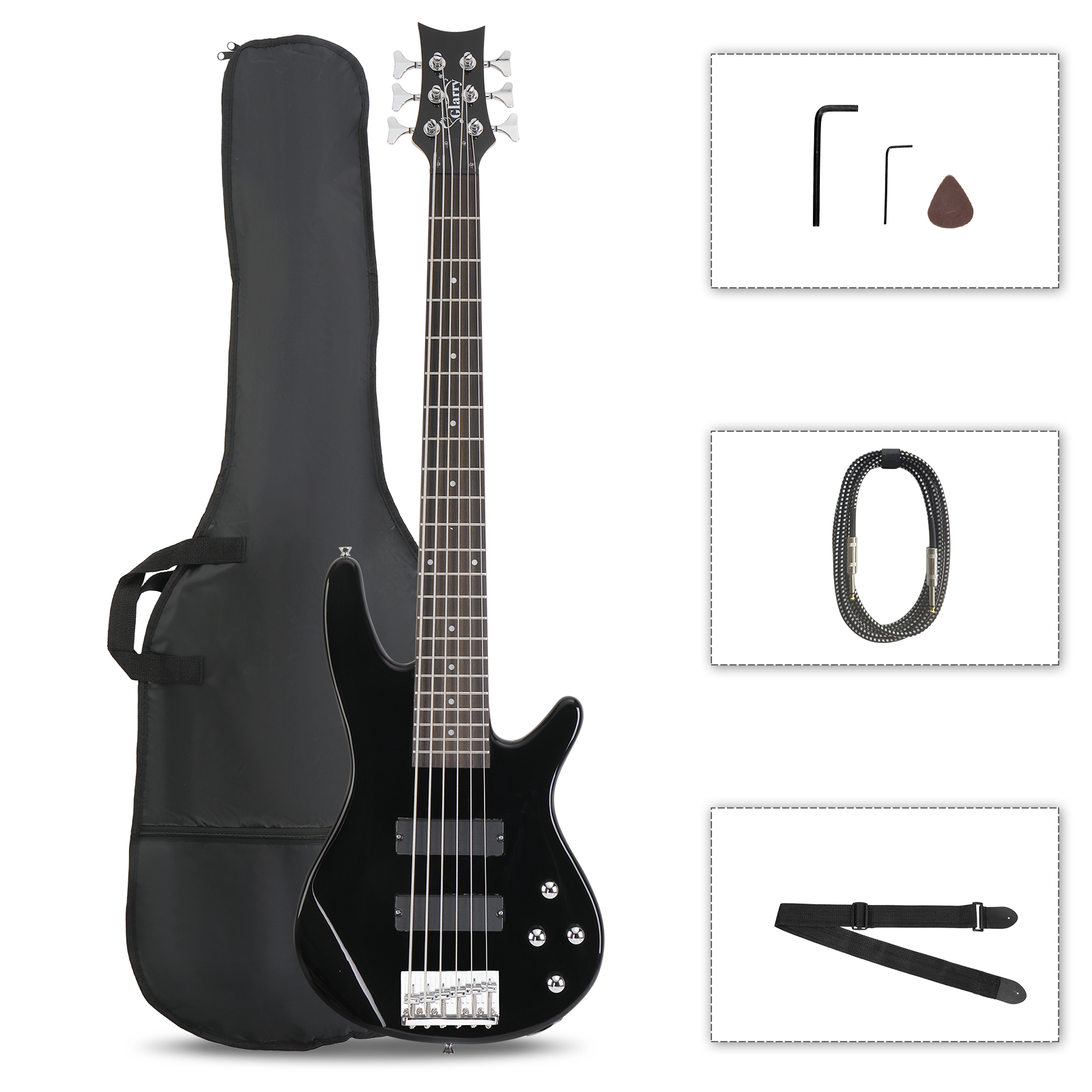 Full Size GIB 6 String H-H Pickup Electric Bass Guitar Bag Strap Pick Connector Wrench Tool, Black