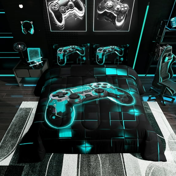 Full Size Gamer Comforter Set Gaming Bedding Set Video Game Room Decor,Neon Teal and Black Geometric Grid Bedding Comforter Sets,Breathable Game Console Quilt Bed Set 3Pcs