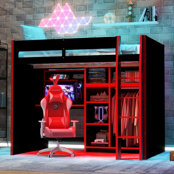 Full Size Gamer Loft Bed with Desk, RGB LED Lights & Storage, Wood Loft Bed with Open Wardrobe, Gaming Bed with USB Ports, Red