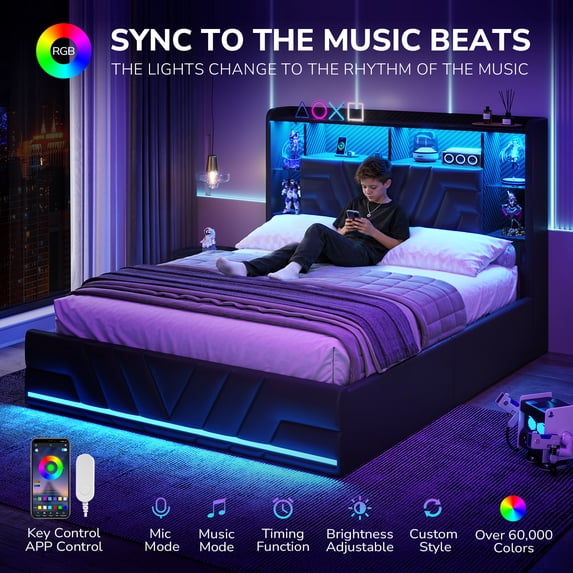 Full Size Gaming Bed Frame with 2 Storage Drawers, LED Lights & Charging Station, Esports-Style Upholstered Platform Full Beds with Bookcase Headboard, No Box Spring Needed, Black