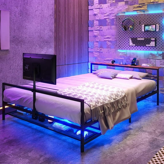 Full Size Gaming Bed, Full Size TV Bed, Bed with tv Lift in Footboard, Smart Bed with Storage, Gaming Bed with Rotating TV Mount Frame, 77.17" x 54.4" x 23.62", Black (Full)