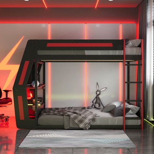 Full-Size Gaming Bunk Bed with Side-Mounted Oversized RGB Desk, USB Charging Ports & Cable Grommet, LED Light Strip, Heavy-Duty Esports Loft Frame, Red