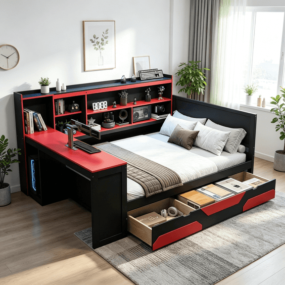 Full Size Gaming Daybed with Built-In Desk, LED Lights, 3 Storage Drawers, Charging Station & Bookcase Headboard, Black and Red Wooden Bed Frame