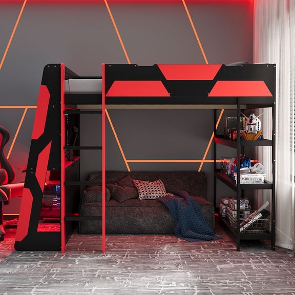 Full Size Gaming Loft Bed with Desk & LED Lights, Side-Mounted Computer Desk with Power Outlets & USB, 3-Tier Storage Shelves, Sturdy Wood Frame for Teens Adults,Black+Red