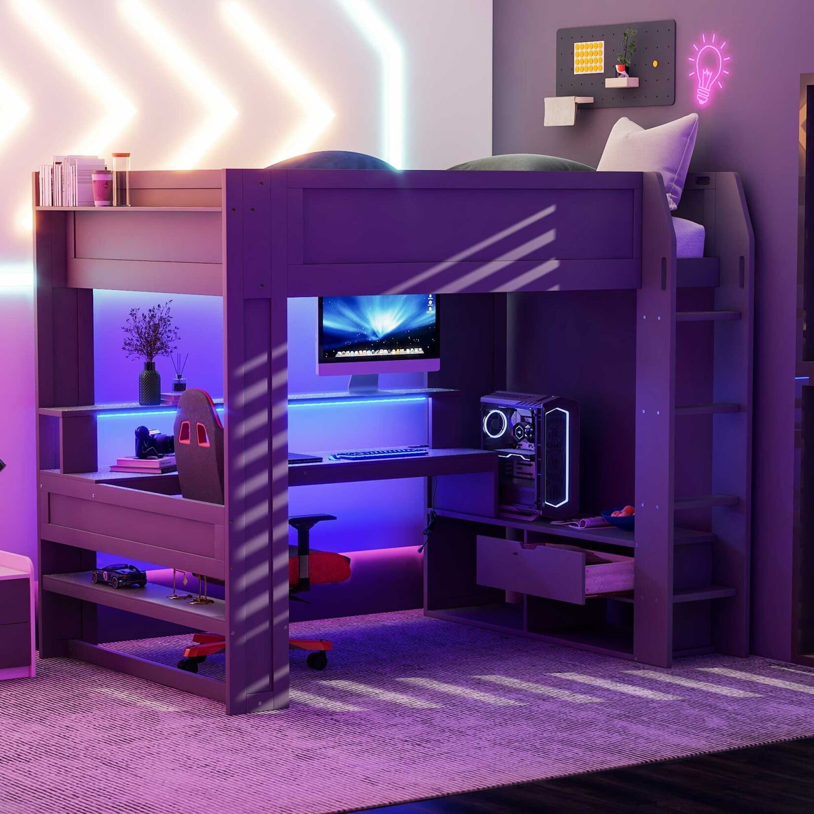 Full Size Gaming Loft Bed with Desk & Light, Wood Loft Bed with Storage
