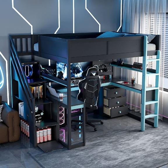 Full Size Gaming Loft Bed Frame with Desk and Storage Stairs, Wooden Loft Bed with Shelves and Pegboard for Gamer, Space Saving for Bedroom, Apartment, Dorm, Mattress Not Included, Black + Blue
