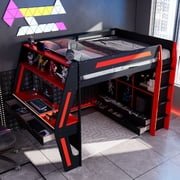 Full Size Gaming Loft Bed Frame with Integrated Desk and 6 Drawers, LED Lights Wooden Loft Bed with 6 Storage Cubbies and USB Ports for Bedroom, Apartment,Mattress not included, Adults,Black+Red