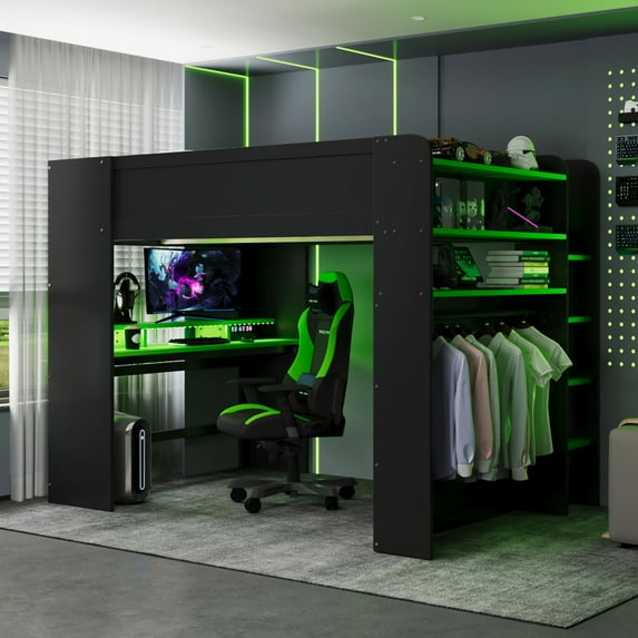 Full Size Gaming Loft Bed with Height-Adjustable Desk, Wooden Loft Bed Frame with RGB Light, Charging Station and Wardrobe, Space Saving Design, Green