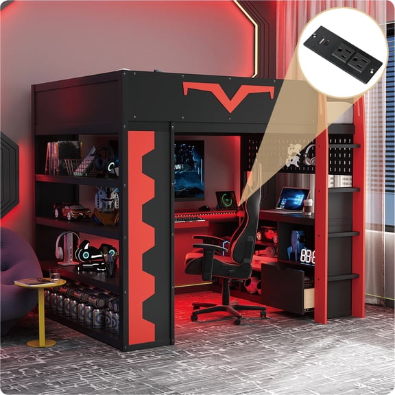 Full Size Gaming Loft Bed with Integrated Desk & RGB LED Lights, Pro-Gamer Bed with Power Outlet, Large Bookshelf, Pegboard, Keyboard Tray & Storage Drawer, 3 Colors Available, Red