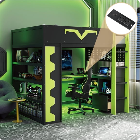 Full Size Gaming Loft Bed with Integrated Desk & RGB LED Lights, Pro-Gamer Bed with Power Outlet, Large Bookshelf, Pegboard, Keyboard Tray & Storage Drawer, 3 Colors Available, Green