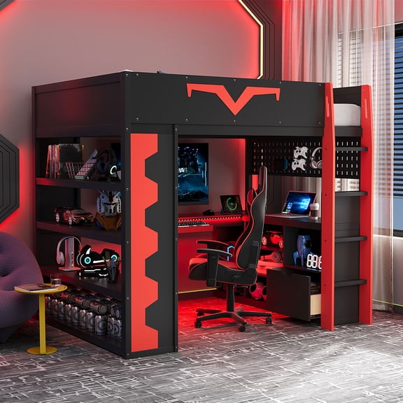 Full Size Gaming Loft Bed with Integrated Desk & RGB LED Lights, Pro-Gamer Bed with Power Outlet, Pegboard, Keyboard Tray, Large Bookshelf & Storage Drawer, Red
