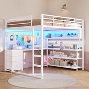 Full Size Gaming Loft Bed with L-Shaped Gaming Desk, Arcylic RGB Hutch & Safety Power Outlet, Metal Loft Bed Frame with Storage Drawer, Shelves, Guardrail, Space Saving,White