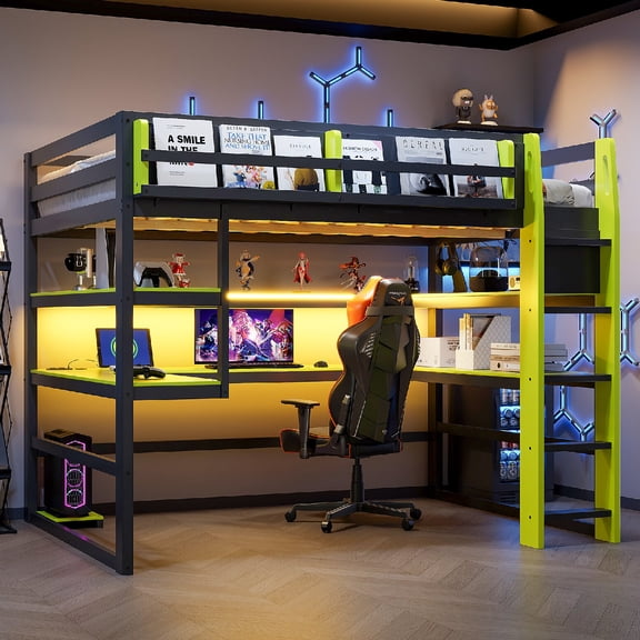 Full Size Gaming Loft Bed with Oversized Desk and RGB LED Lights, Wood Loft Bed Frame with USB Charging Port and Multi-Level Shelves for Bedroom, Apartment, Mattress Not Included, Green