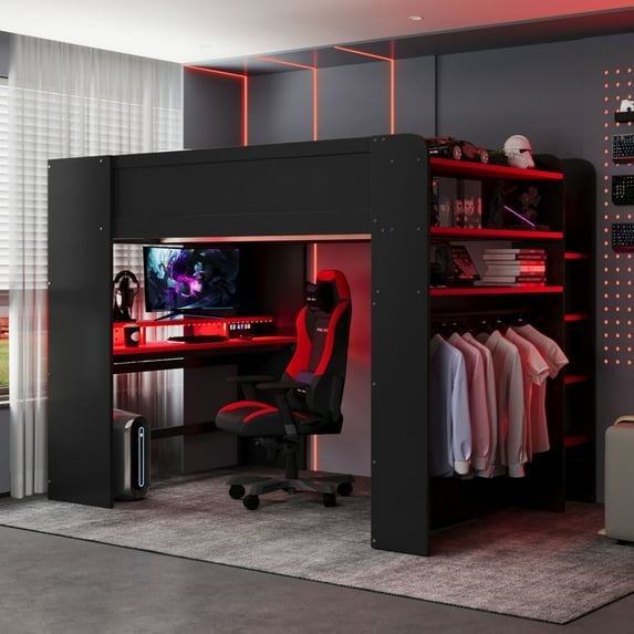 Full Size Gaming Loft Bed with Height-Adjustable Desk, Wooden Loft Bed Frame with RGB Light, Charging Station and Wardrobe, Space Saving Design, Red