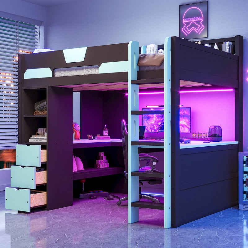 Full Size Gaming Loft Bed with U-Shaped Desk, RGB LED Lights & Charge Station, High Profile Storage Bed Frame with Drawers & Shelves