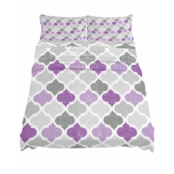 Full Size Geometric Morocco Sheet Sets Quatrefoil Lattice Purple Grey Soft Breathable Microfiber Bed Sheets Deep Pockets 4 Piece Bed Sheets Set, 1 Fitted Sheet, 1 Flat Sheet & 2 Pillowcases
