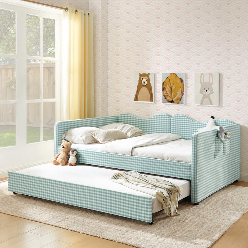 Full Size Gingham Daybed with Trundle, Upholstered Day Bed Frame with Side Storage Pocket & Wave-Shaped Backrest, Modern Sofa Bed for Living Room, Bedroom, No Box Spring Needed