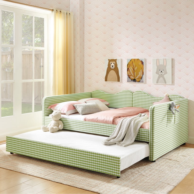 Full Size Gingham Daybed with Trundle, Upholstered Day Bed Frame with Side Storage Pocket & Wave-Shaped Backrest, Modern Sofa Bed for Living Room, Bedroom, No Box Spring Needed