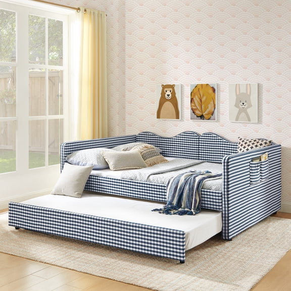 Full Size Gingham Daybed with Trundle, Upholstered Day Bed Frame with Side Storage Pocket & Wave-Shaped Backrest, Modern Sofa Bed for Living Room, Bedroom, No Box Spring Needed