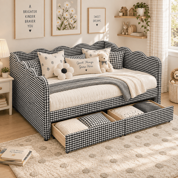 Full Size Gingham Daybed with 2 Storage Drawers, USB Charging Port, Wave-Shaped Design, Linen Upholstered Sofa Bed, No Box Spring Needed
