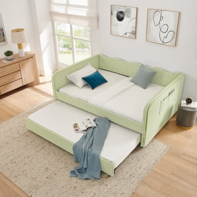 Full Size Gingham Upholstered Daybed, 3-in-1 Convertible Sofa Bed with Pull-Out Trundle and Side Storage Pockets, Multifunctional Furniture for Small Space & Various Room Layouts,Green